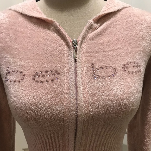 Bebe Logo Cropped Baby Pink Fuzzy Zip 